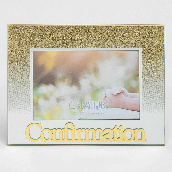 WDP 5" X 3.5" Gold Glitter Glass Frame - Confirmation