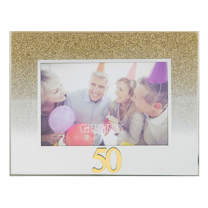 WDP 5" X 3.5" Gold Glitter Glass Birthday Frame - 50