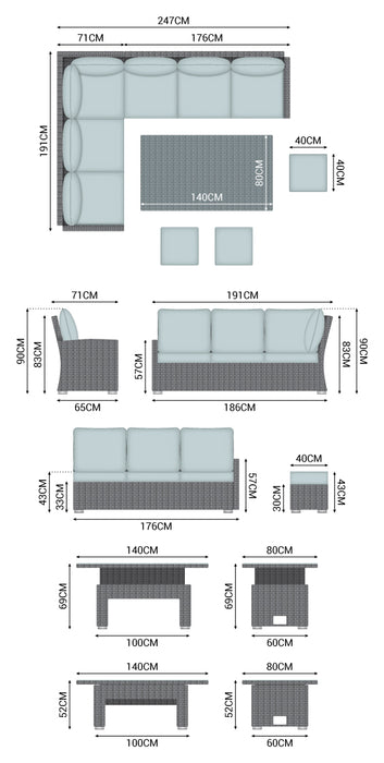 NOVA Cambridge Left Hand Corner Sofa Dining Set with Rising Table - Grey