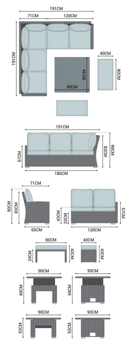 NOVA Compact Cambridge Corner Sofa Dining Set with Rising Table -Grey