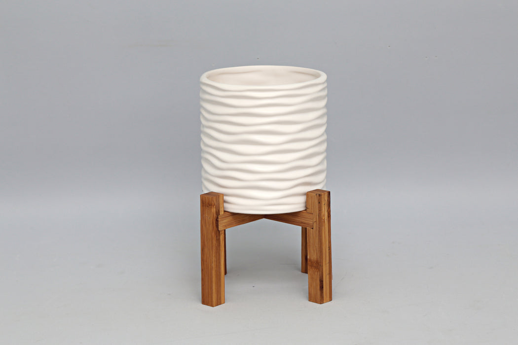 White Planter On Wood Stand Medium