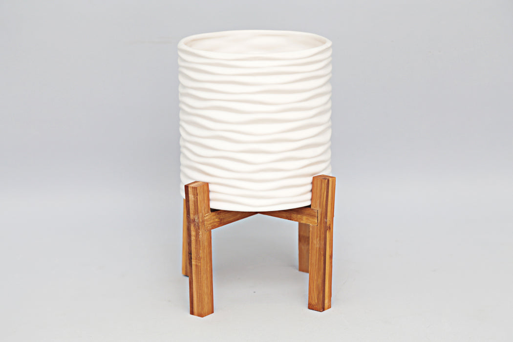 White Planter On Wood Stand Large